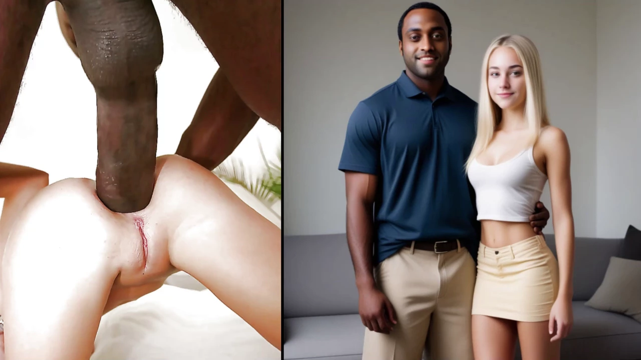 A black man with a massive cock visits his lover's house, where her husband is away. He eagerly stretches her beautiful ass, leading to a huge creampie and a satisfied smile.